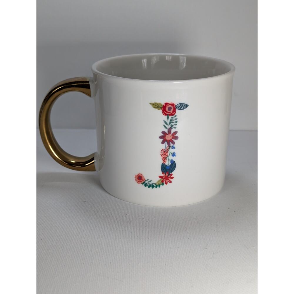 Opalhouse Floral Letter J Mug White Porcelain Gold Handle Monogram Coffee Cup